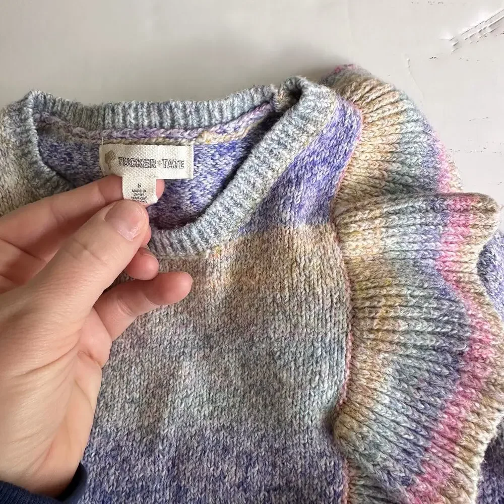 Tucker + Tate Rainbow Stripe Ruffle Shoulder Sweater - Size 6